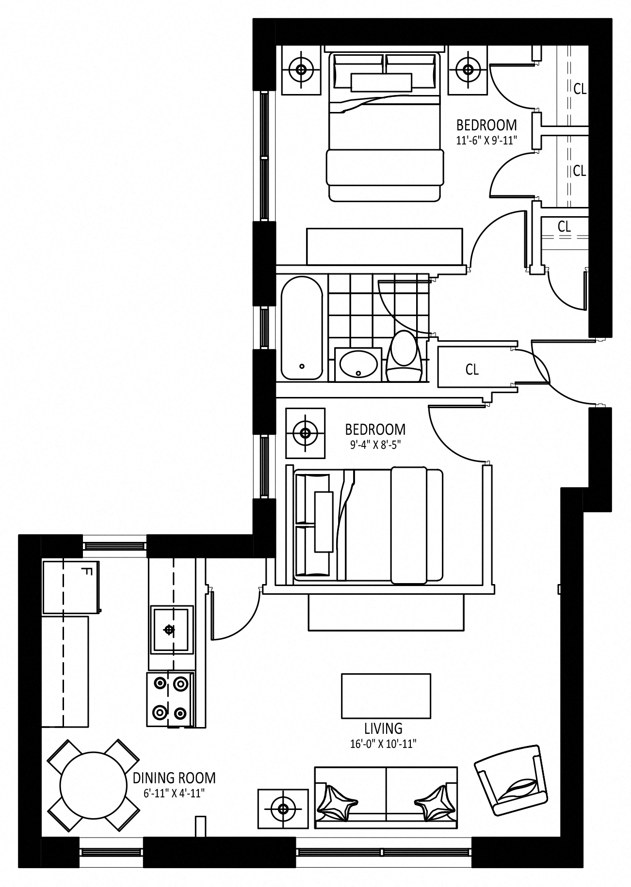 Floor plan for 2 beds, 1 bath, 717 sqft